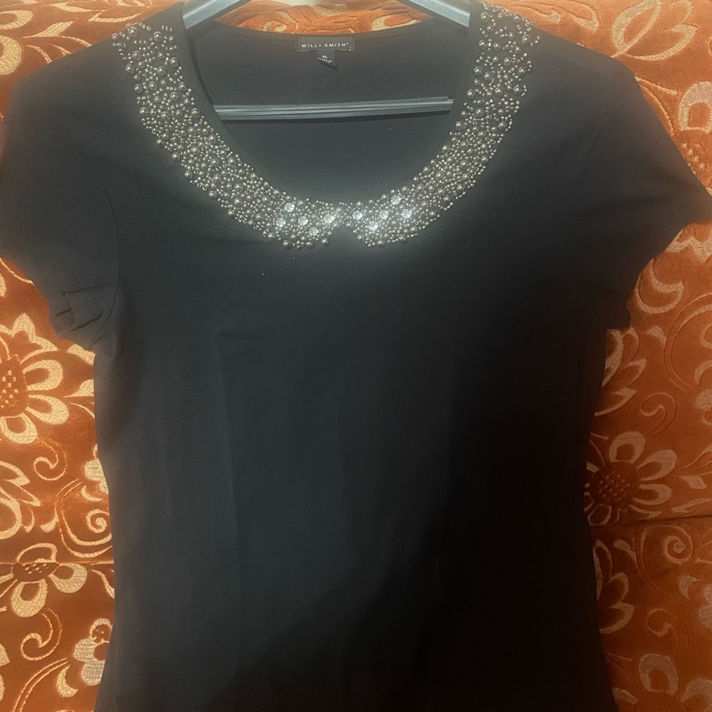 Willi Smith Black Short-Sleeve Top with Beaded Collar